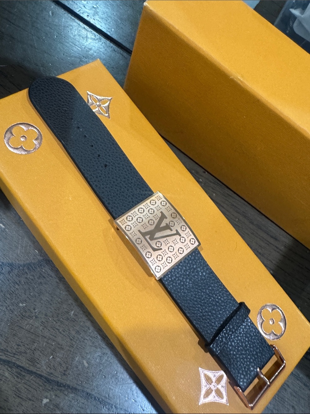 Black Leather Men's Belt with Gold Monogram Square Buckle